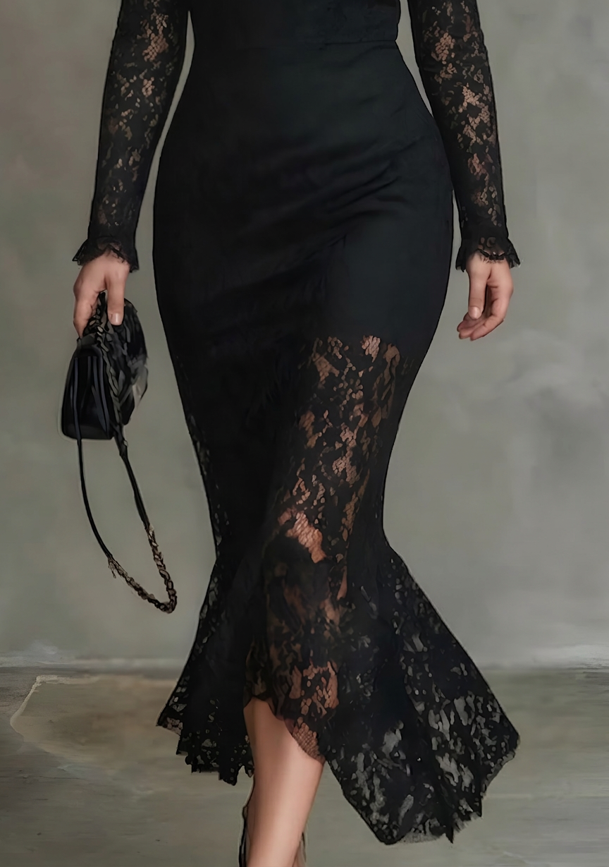 Helena | Black Lace Fishtail Maxi