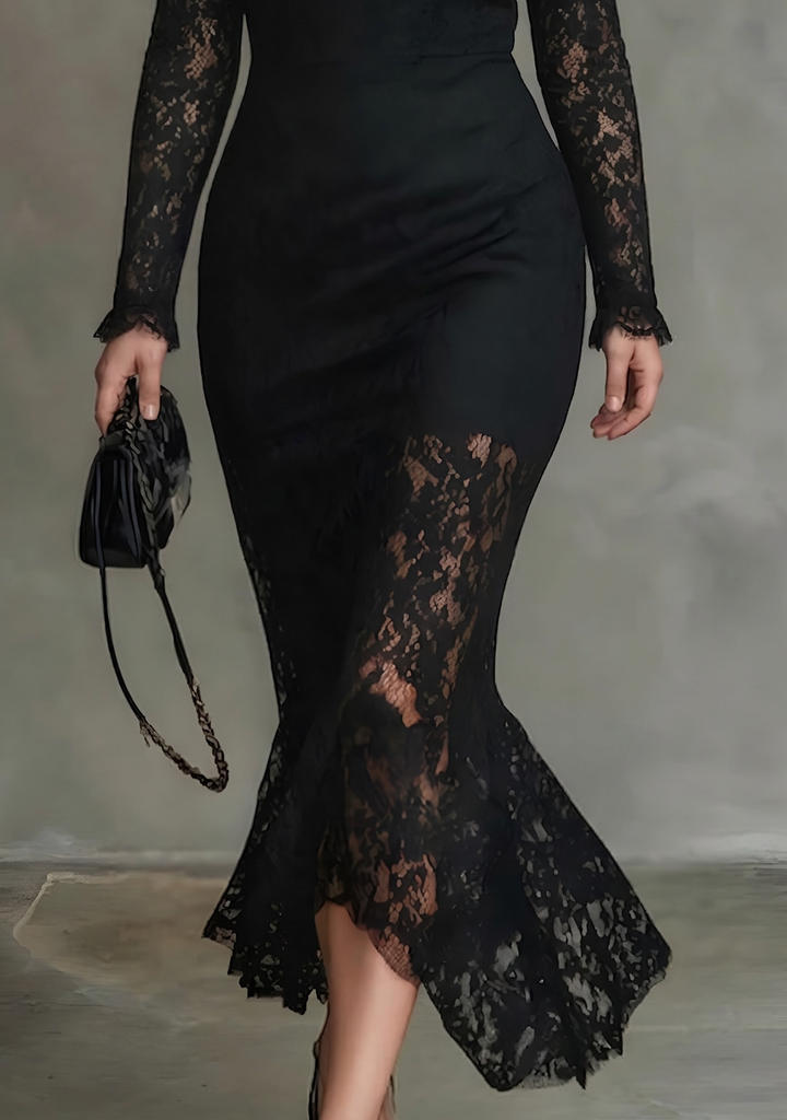 Helena | Black Lace Fishtail Maxi