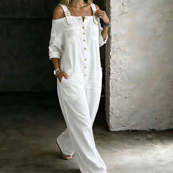 Zelma – Cold-Shoulder Denim-Look Jumpsuit