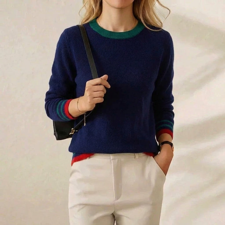 Annette – Crew Neck Sweater with Striped Trims