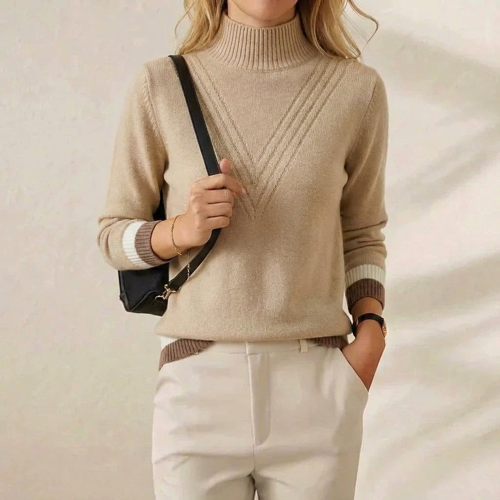 Gladys – Turtleneck Knit Sweater with Striped Cuffs