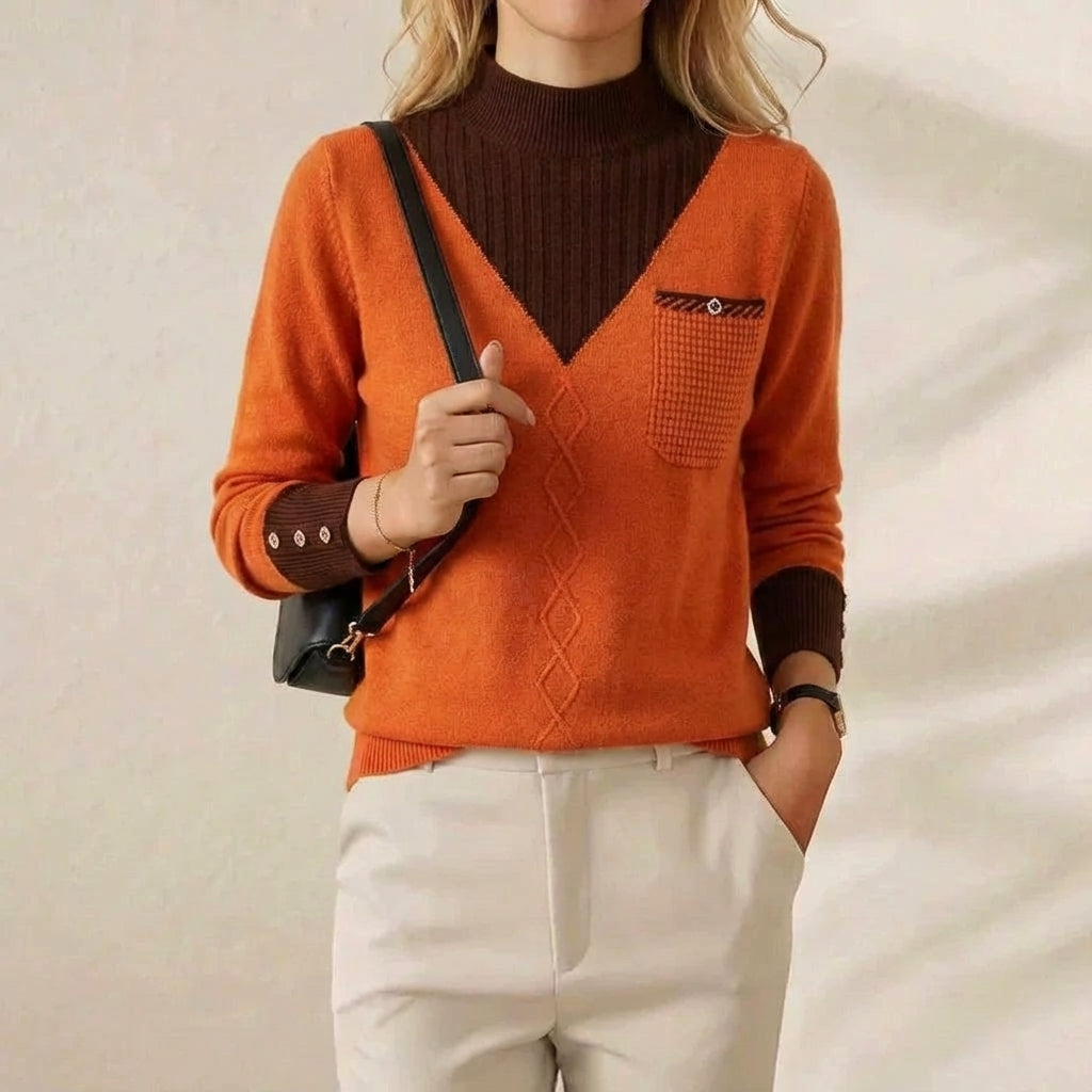Ramona – V-Neck Knit Sweater with Chest Pocket