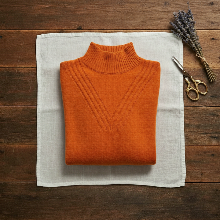 Gladys – Turtleneck Knit Sweater with Striped Cuffs