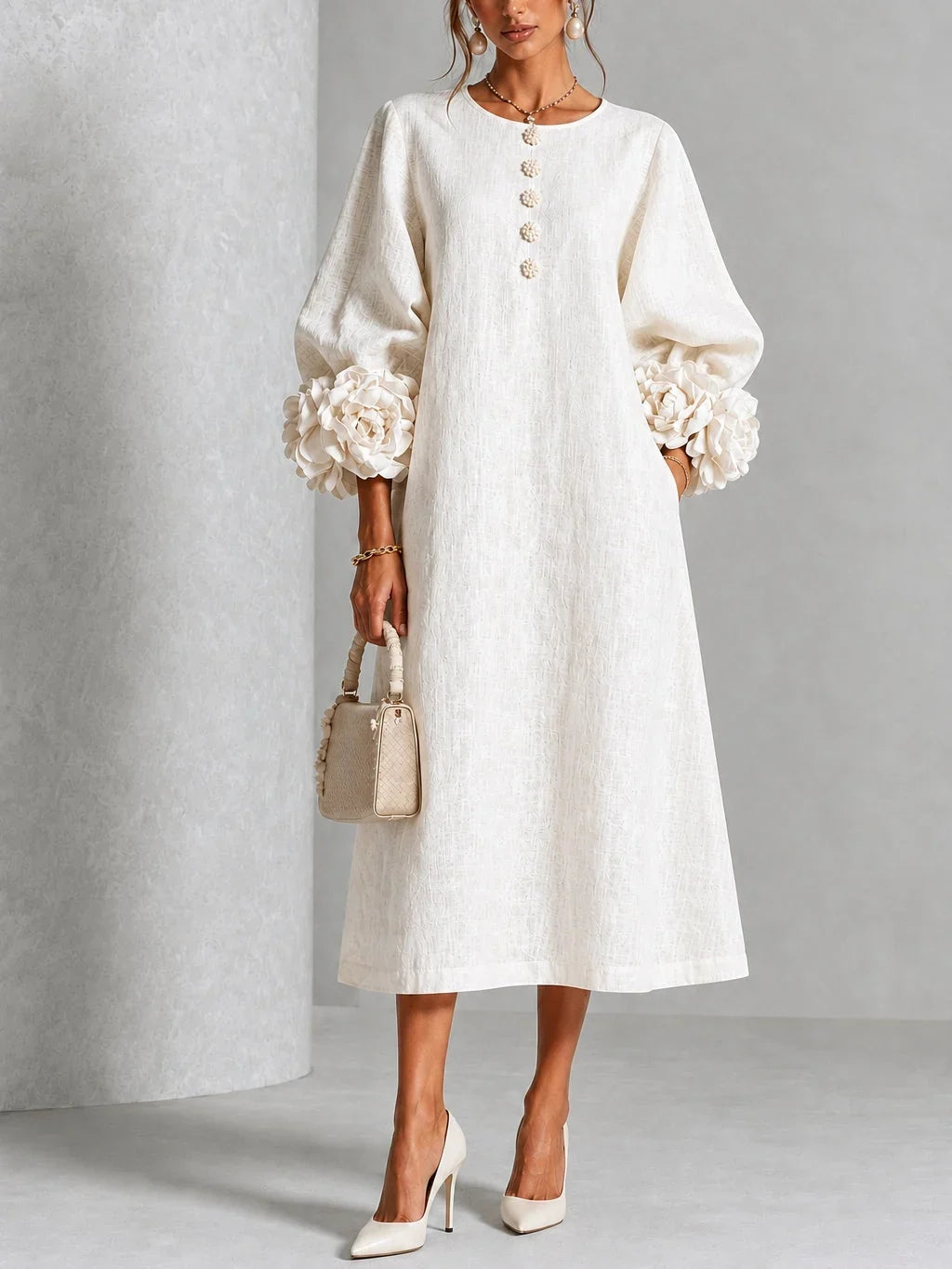 Mary – Midi Dress With Sculptural Floral Cuffs